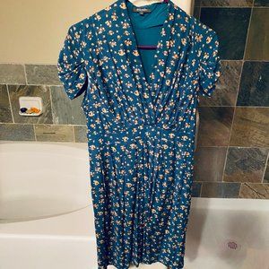 Emily and Fin fitted teal dress w/ orange flowers— UK 14 (L)— stunning, iconic